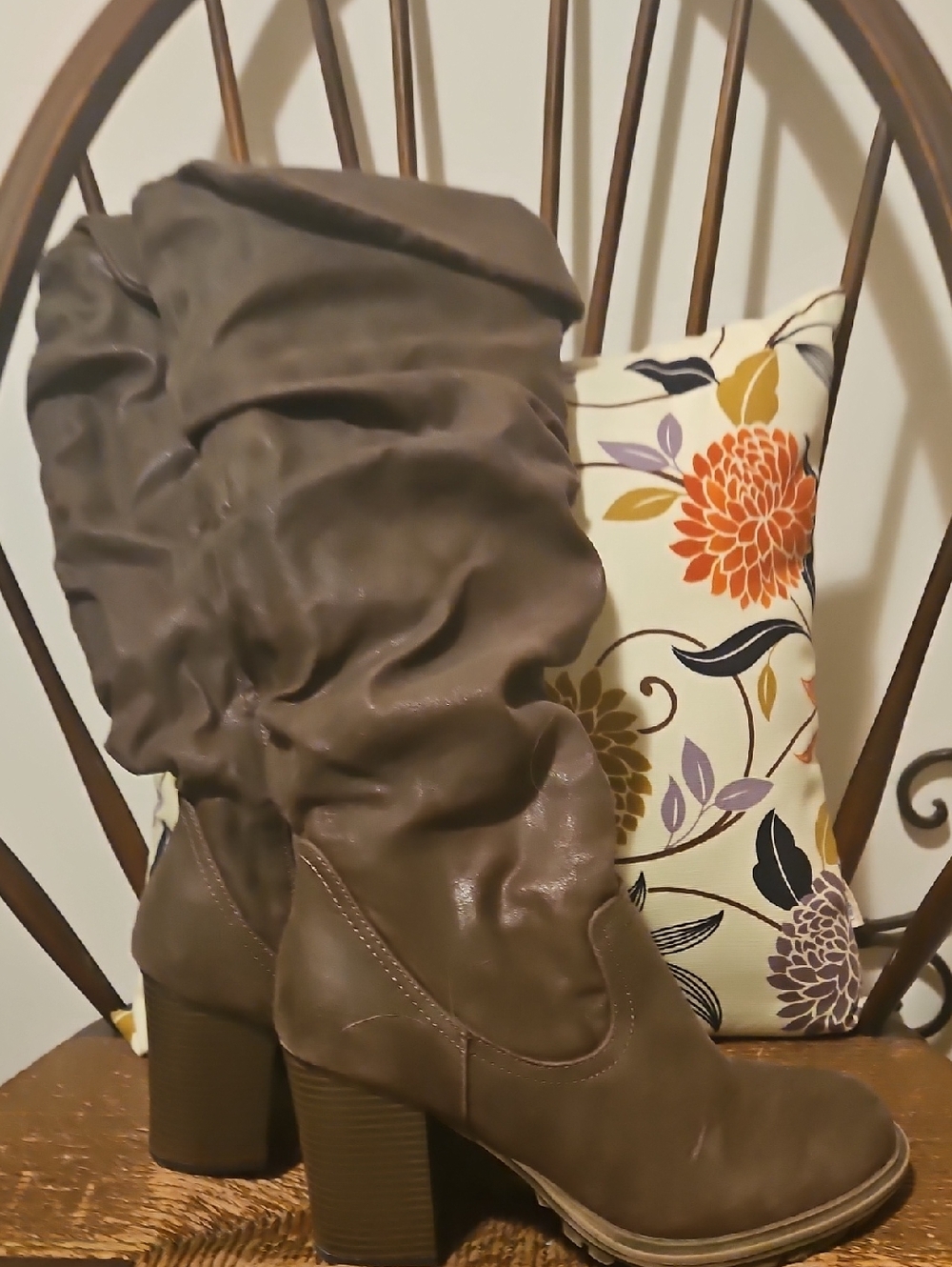 Slouchy Brown Block Heel Knee Boots